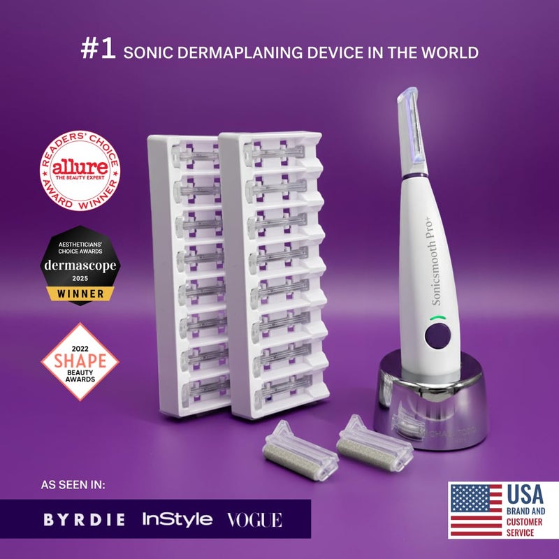 Michael Todd Beauty Sonicsmooth Pro+ Dermaplane Razor for Women Face + Eyebrow trimmer Dermaplaning System w/LED Light Peach Fuzz Remover -16 Dermaplaning Blades & 2 Microsmooth Exfoliation Tips - Image 2